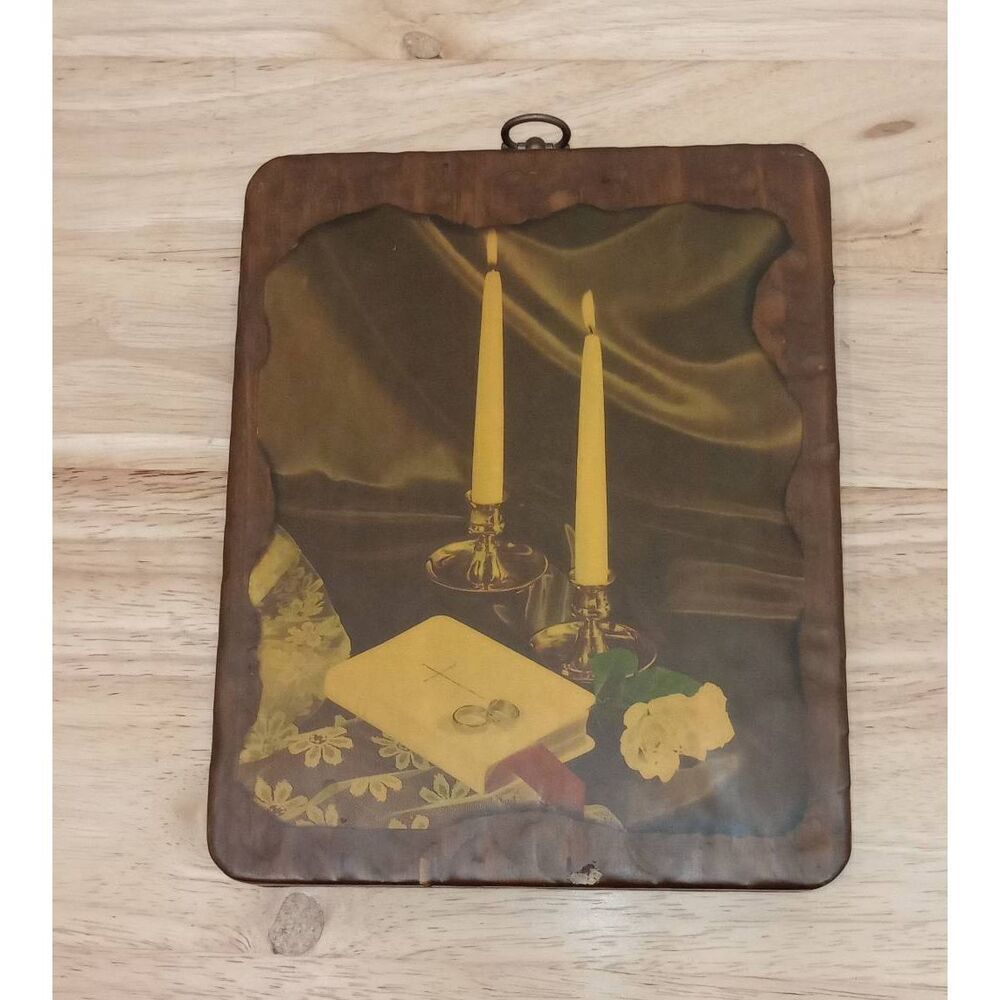 Vintage wood plaque, marriage motif. Measurements in photos.